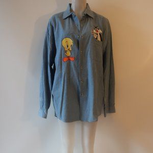 Mens Too Cute Blue Tweety Bird and Sylvester Denim Button Shirt XL *